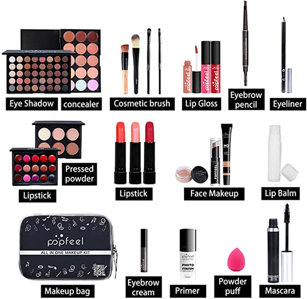 24Pcs All-in-one Makeup Set Gift Surprise | Full Makeup Kit for Women Cosmetic Essential Starter Bundle with Cosmetic Bag Eyeshadow Palette Lip Gloss Concealer Foundation Brushes